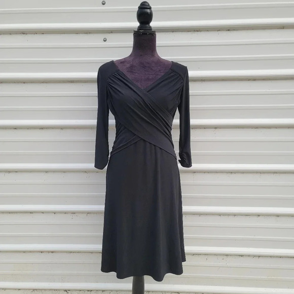 B-Slim Black V-Neck Stretch Faux Wrap Built-in Shapewear Dress Slimming 3/4 S - Picture 1 of 11